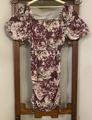MIA JOY Bodycon Dress Womens M Stretchy Blooming Floral Drawstring Sides NWT