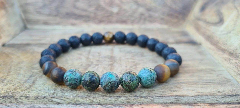   Armband Afrikanischer Türkis Tigerauge Damen Herren Lavastein Perlenarmband - Bild 2 von 4