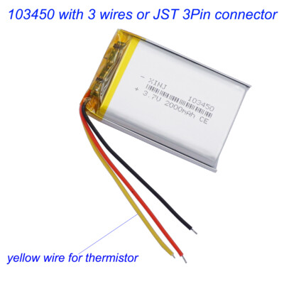 3.7v 2000mah 7.4Wh Li-Polymer Li Battery 103450 JST 3Pin NTC 3-Wires Thermistor