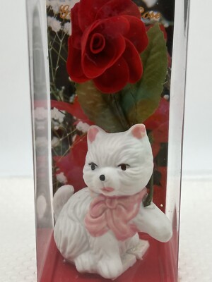 Porcelain White Cat Figure With Roses