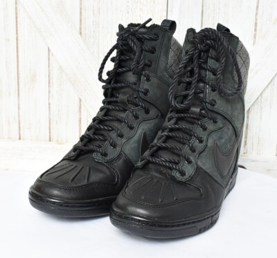 NIKE DUNK Sky Hi SNEAKERBOOT Hidden Wedge Black Leather Duck Boots Womens  Sz