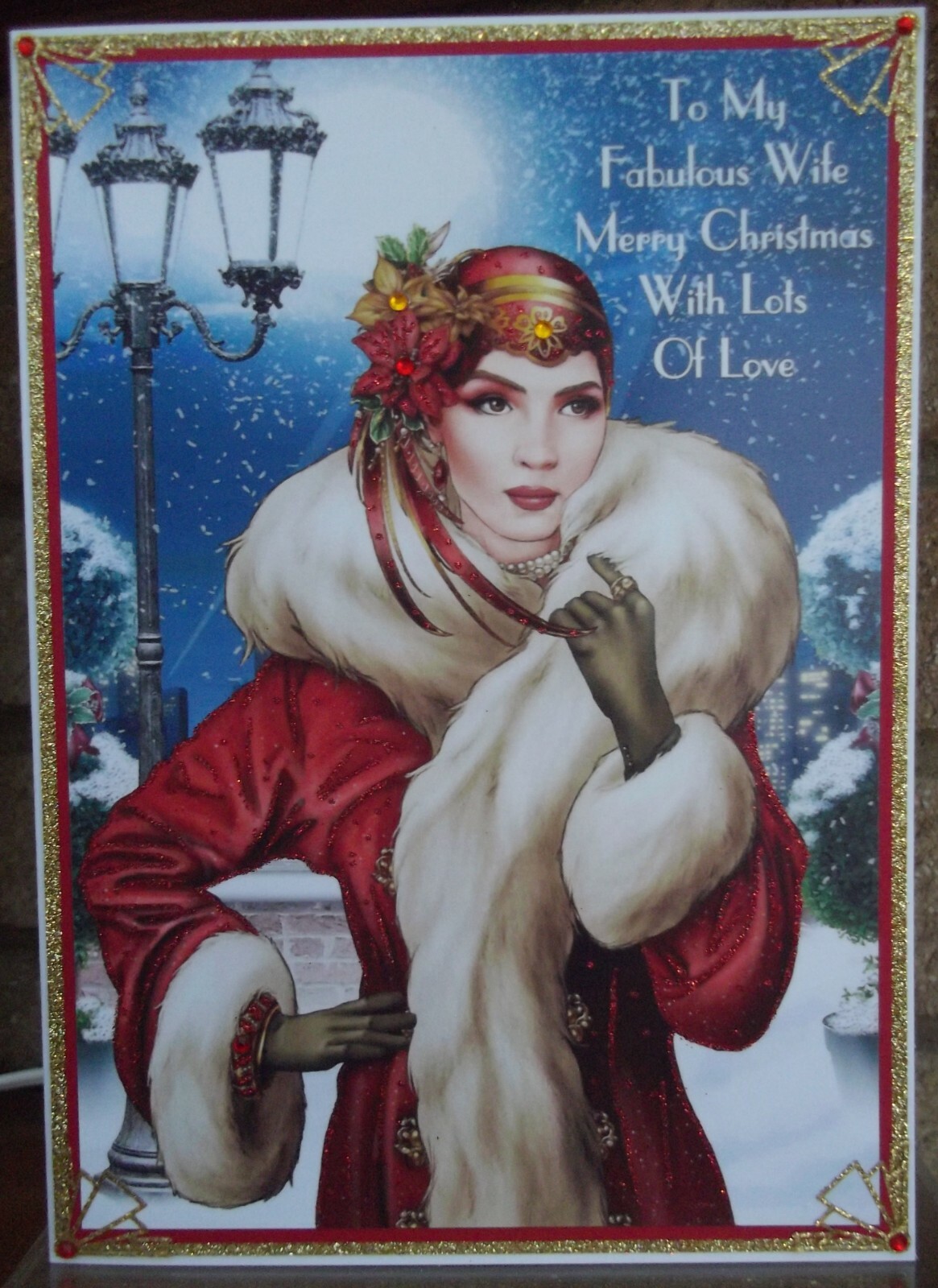 HANDMADE PERSONALISED ART DECO WIFE CHRISTMAS CARD LADY IN A WINTER