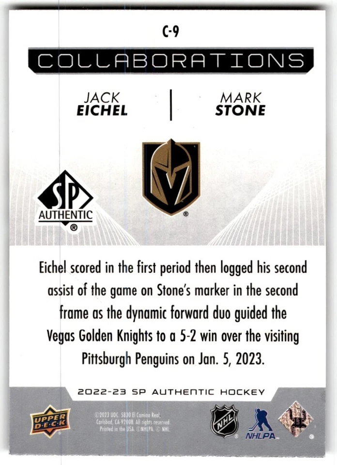 2022-23 SP Authentic Collaborations Jack Eichel/Mark Stone #C-9 - Image 2 of 2