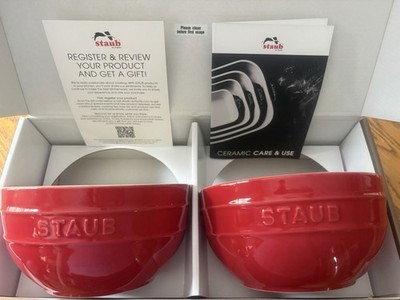Staub Set of 2 Red Bowls Cherry Red 6.5'' Ceramic French Dinnerware NIB  