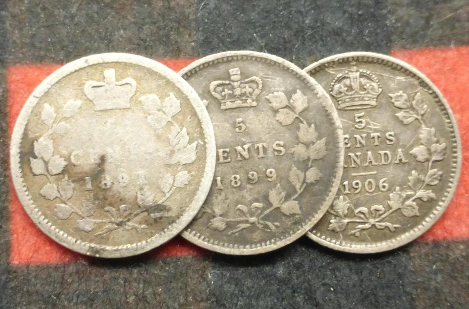 3 Canadian Sterling Silver 5-Cent Coins, 3 Canada Coins, 1891, 1899, 1906 - Image 3 of 4