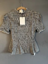 Reformation Aggie Top Remy Check Gingham Smocked Peplum Black/White Size Small