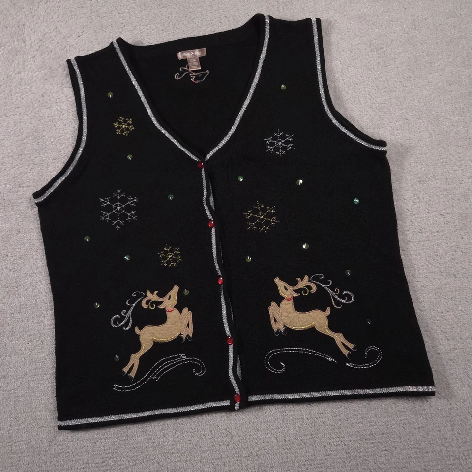 Chaleco Suéter Ciervo Blanco Mujer XL Negro Navidad Reno Lentejuelas Botón Cuello en V Foto 2 de 4