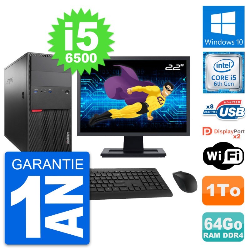 PC Tour Lenovo M800 Ecran 22" Intel i5-6500 RAM 64Go Disque 1To Windows 10 Wifi