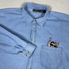 Vintage Looney Tunes Shirt Mens Medium Blue Denim Long Sleeve Embroidered Bugs