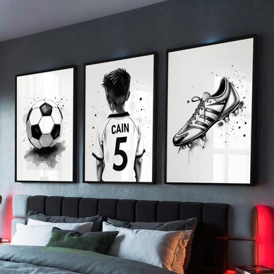 Personalised Football Prints Wall Art Black White Posters Boys Bedroom Set of 3 - Image 1 of 4