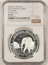 2010 SOMALIA 100 SHILLINGS 1 OZ .999 SIL AFRICAN ELEPHANT FACING LEFT, NGC MS-69