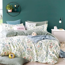 LEMIROE 100 Cotton King Duvet Cover Set 3PC 104x90 - White Floral/Dusty Green