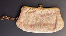 Vintage Brocade Clutch Purse Metallic Gold Pastel Floral Evening Handbag Satin