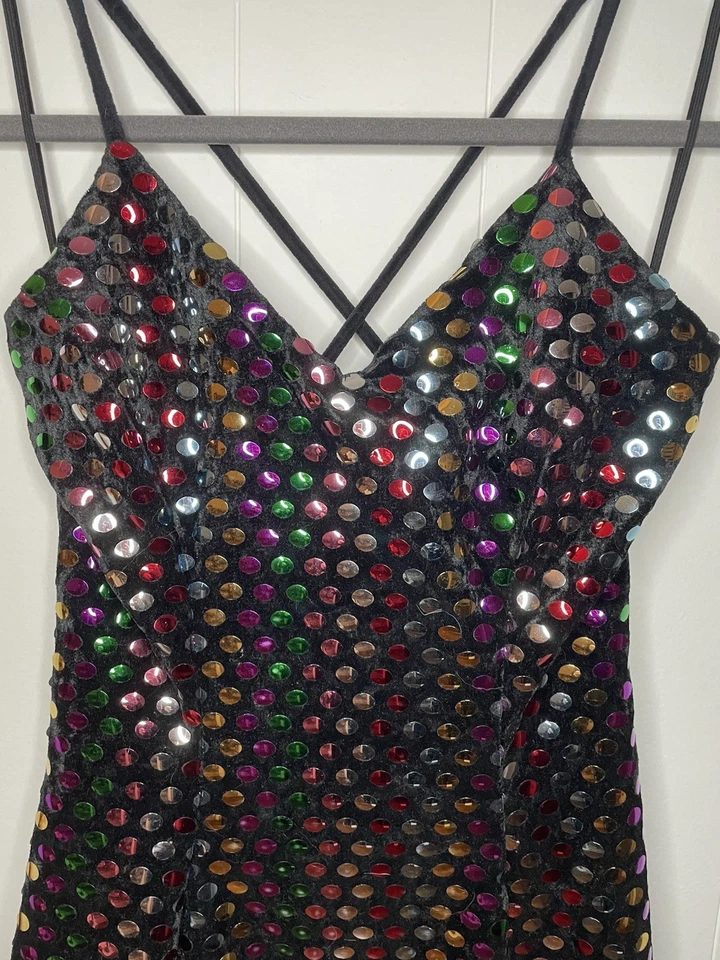 Vtg Betsey Johnson 90's Reflective Multicolor Sequin Stretch Black Velvet Dress - Image 4 of 4