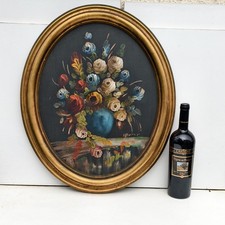 DIPINTO OVALE - OLIO SU TELA - FIORI - NATURA MORTA - FIRMA 50 CmX 60 Cm