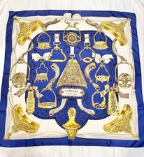 Hermes Etriers Silk Scarf Navy Blue Gold 90cm Authentic Vintage Limited
