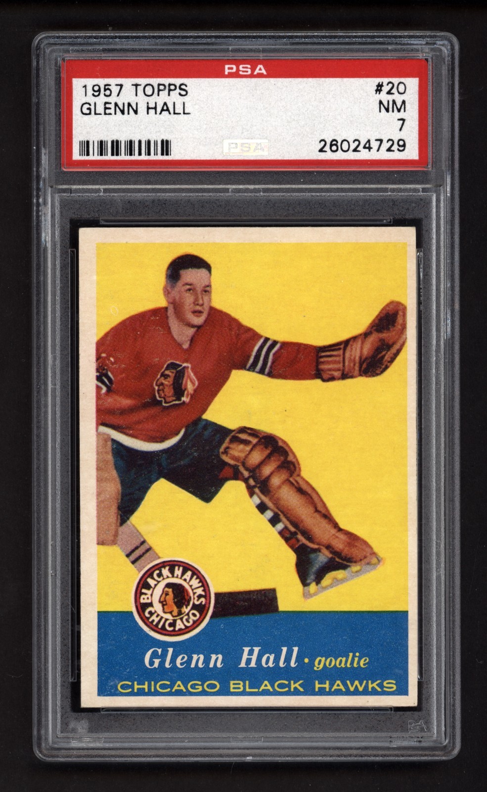 1957 TOPPS #20 GLENN HALL ROOKIE CARD PSA 7 NEAR MINT