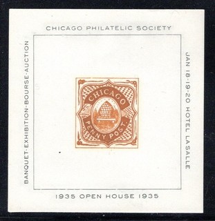 1935 Chicago Philatelic Society "Penny Post" Stamp Show label S/S MNH