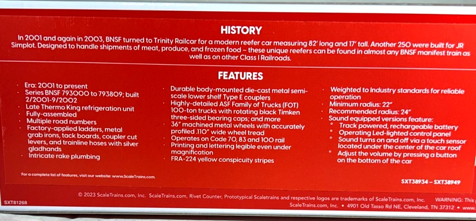 SCALETRAINS HO SCALE TRINITY 82'' 7883 CU FT REEFER BNSF SXT38921 - Image 4 of 4