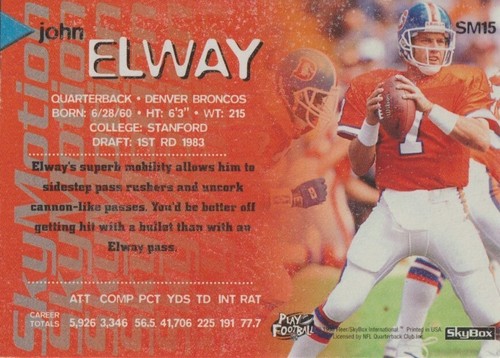 JOHN ELWAY: 1996 SKYBOX SKYMOTION INSERT CARD No. SM15 - Picture 2 of 2