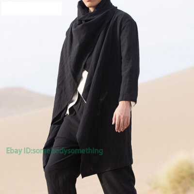 Men's Cotton Linen Long Irregular Cloak Long Sleeve Chinese Style Coat Jacket