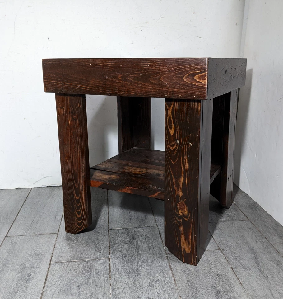 Vintage Handcrafted Rustic Primitive Rough Sawn Reclaimed Pine Wood End Table - Image 4 of 4
