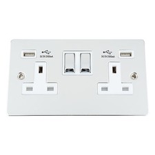 13 Amp Wall Double Plug Socket 2 Gang Polished Chrome FLAT Plate Silver Effect 