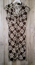 Trina Turk Women Size 6 White/Brown V-neck Printed Cap Sleeve Ruched Silk Dress