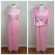 Vintage ILGWU Pink Beaded Pleated Jacket Dress Gown Women Size 12 Made In USA