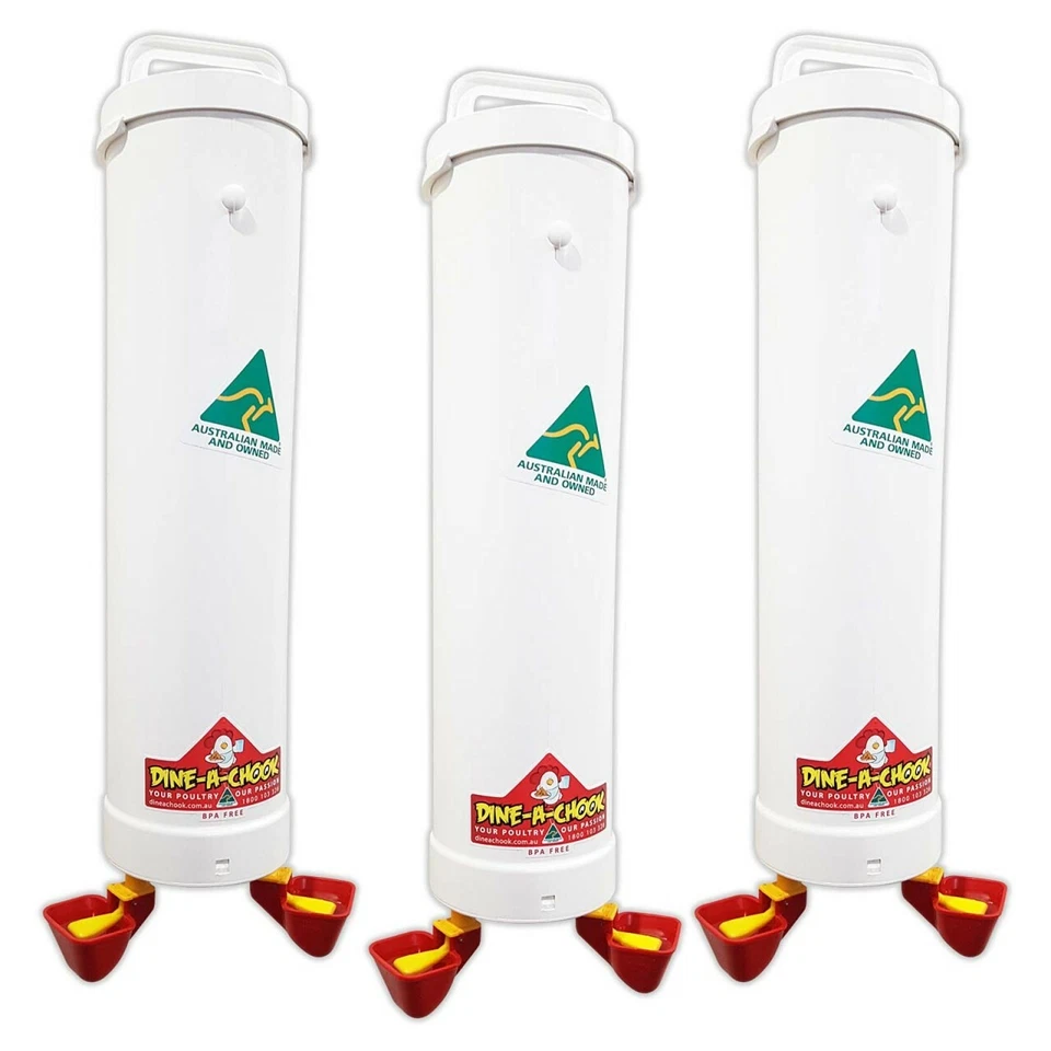 DINE A CHOOK Chicken / Poultry Drinker- Feeder & Waterer Sets Available / 3 Drinkers, 6 Cups