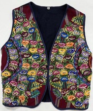 Vtg Guatemalan Floral Embroidered Vest Sz Med Wool flowers Boho Festival Artisan