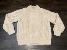 Vtg Aran Chunky Hand Knit Cream/Ivory Fisherman  s Crew Sweater Ireland