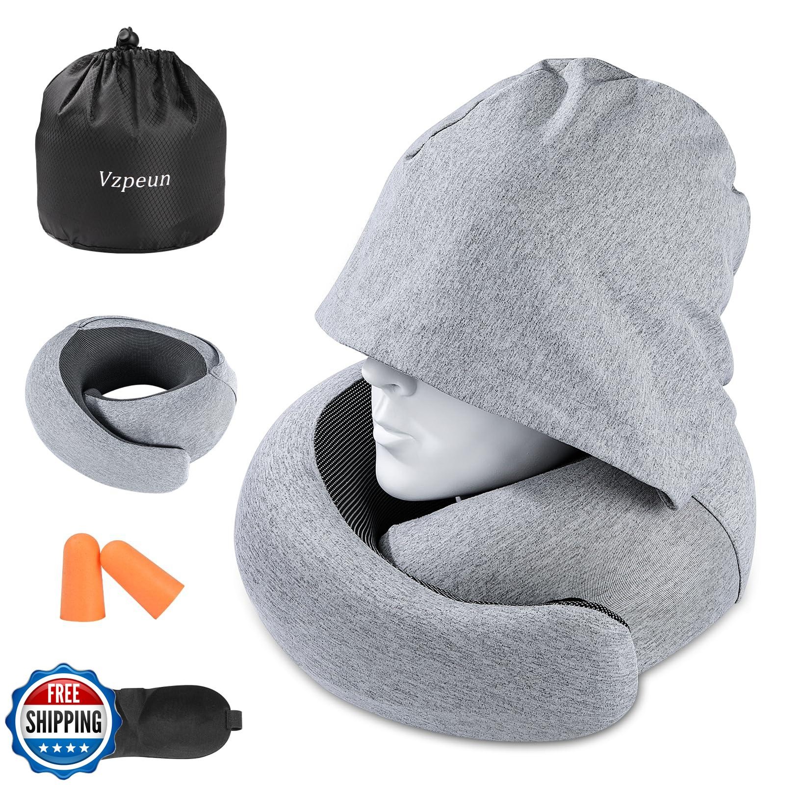 Vzpeun Hooded Memory Foam Travel Neck Pillow for Airplane Comfort-image