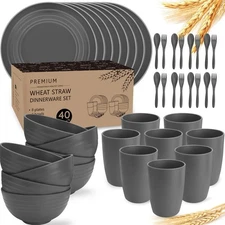 Wheat Straw Dinnerware Sets for 8, 40 PCS Unbreakable Plates and Bowls Sets, Reu