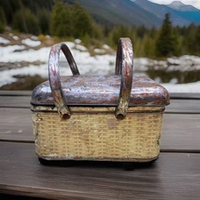 Antique Union Leader Cut Plug Tobacco Tin Lunch Pail Basket Handles Hinged Lid