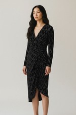 Express Black Silver Metallic  Long Sleeve Ruched Asymmetrical Midi Dress Sz. S