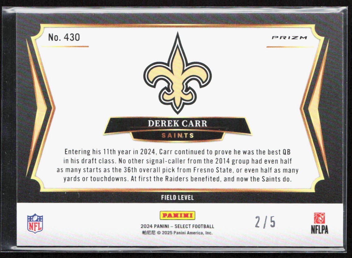 2024 Panini Select Derek Carr Green Field Level Prizm /5 #430 New