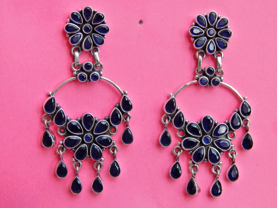 Natural Blue Sapphire Boho Stud Earring 925 Sterling Silver Wedding Jewelry Gift - Image 3 of 4