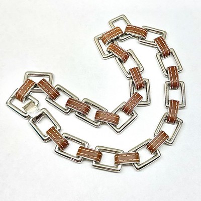 Lauren Ralph Lauren LRL Collar Necklace Silver Link Brown Leather Reversible 18 
