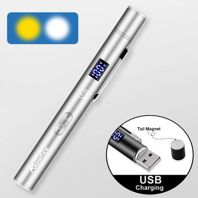 LCD Mini 2-In-1 LED White/Yellow Pen Light Flashlight USB Rechargeable Eyes Pupi
