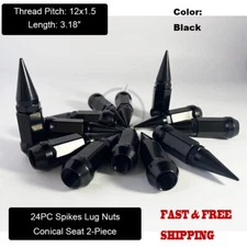 24 Black 3.18" Spike Lug Nuts 12x1.5 For Toyota 4Runner Tundra FJ Cruiser Tacoma