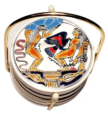 8 Greek Mythology Niarchos Smaltotechniki Coasters Brass Holder England Handmade