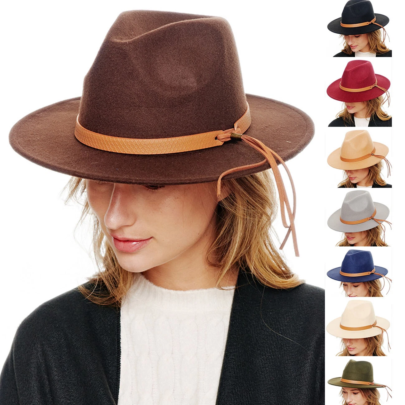 ScarvesMe Women's Fashion Leather Band Tie Trim Wide Brim Panama Hat