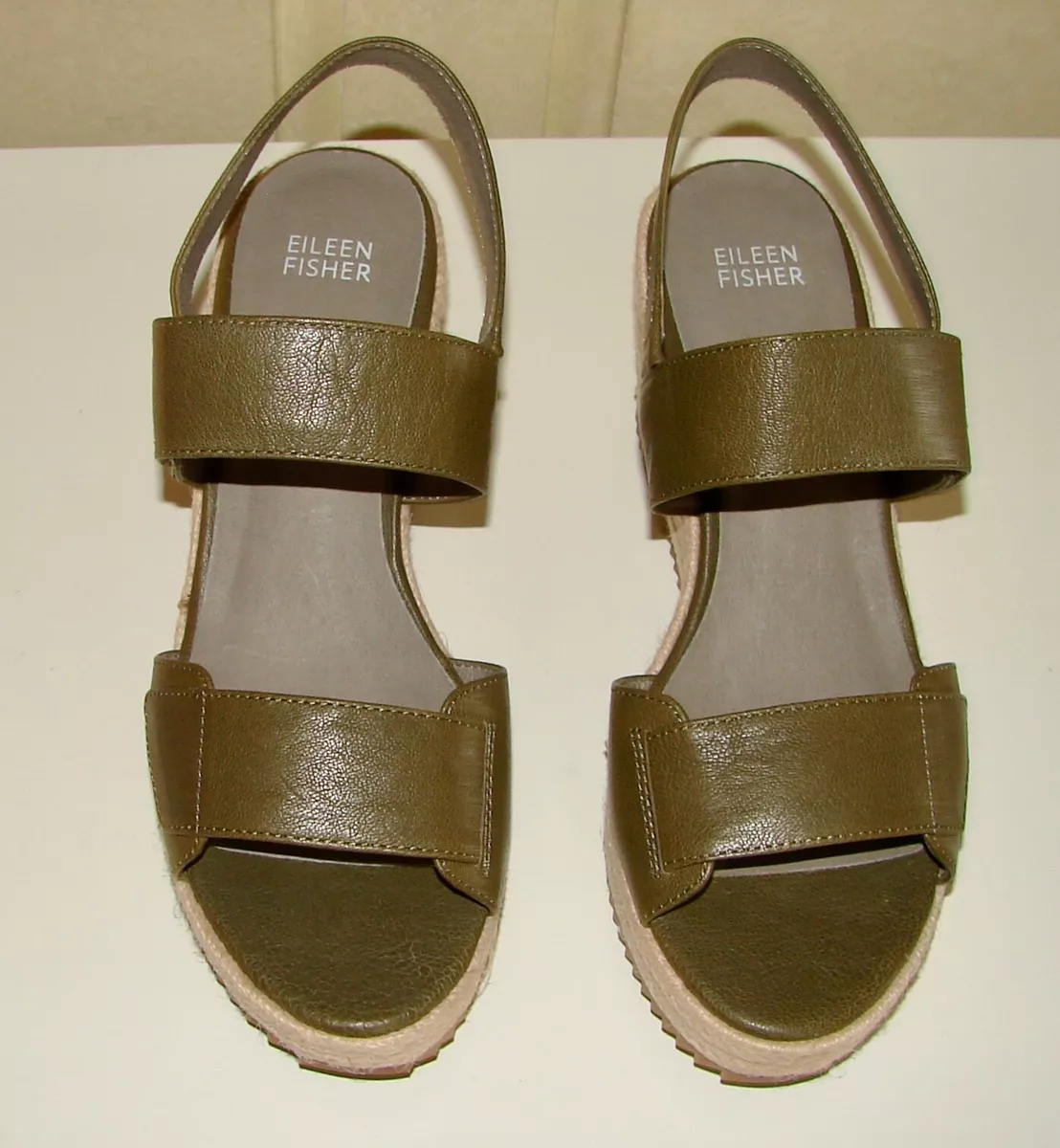 NIB Eileen Fisher size 8 Winnie olive green tumbled leather espadrilles shoes