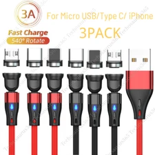 3 PACK Magnetic Phone Charger Fast Charging Cable For Micro USB/Type C/ iPhone