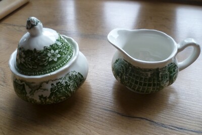 Zuckerdose/Milchkännchen grün '' Coaching Taverns'' Royal Tudor Ware England