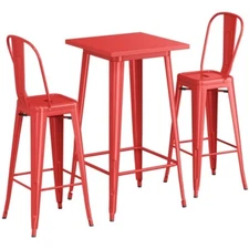 24" Square Red Metal Restaurant Bar Table Set with 2 Cafe Barstool For Outdoor