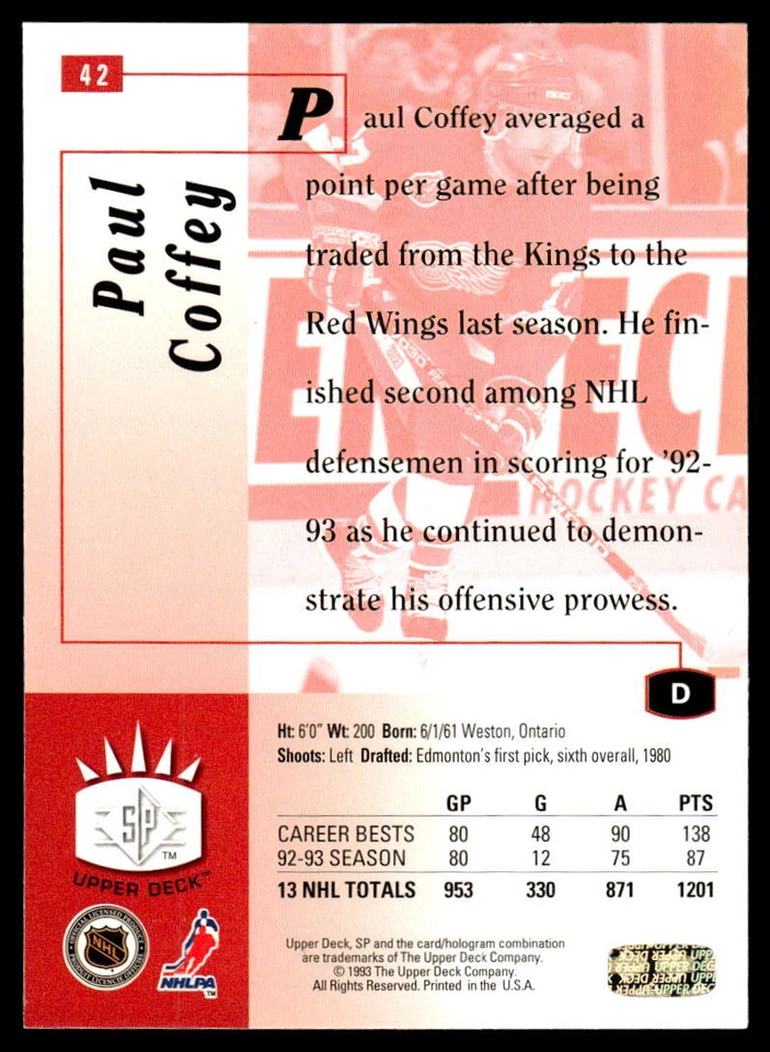 1993-94 Upper Deck #42 Paul Coffey SP Detroit Red Wings - Image 2 of 2