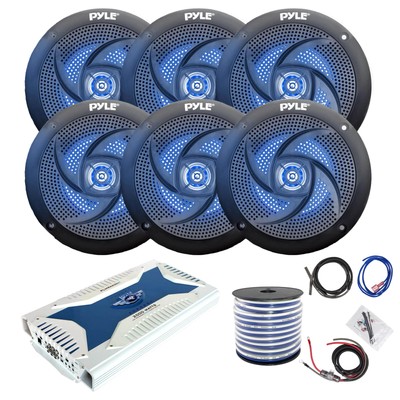 Pyle Marine 6-CH Bluetooth Amplifier w/Kit, 6x 6.5'' 240W Blue LED Speaker, Wire
