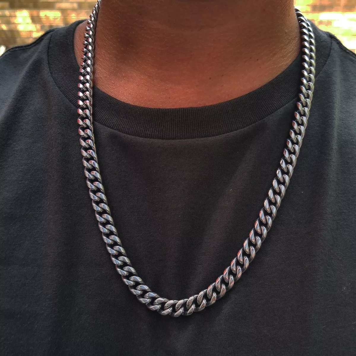 Men s White Gold Plated Silver Stainless Steel Thick Cuban Link Chain Necklace